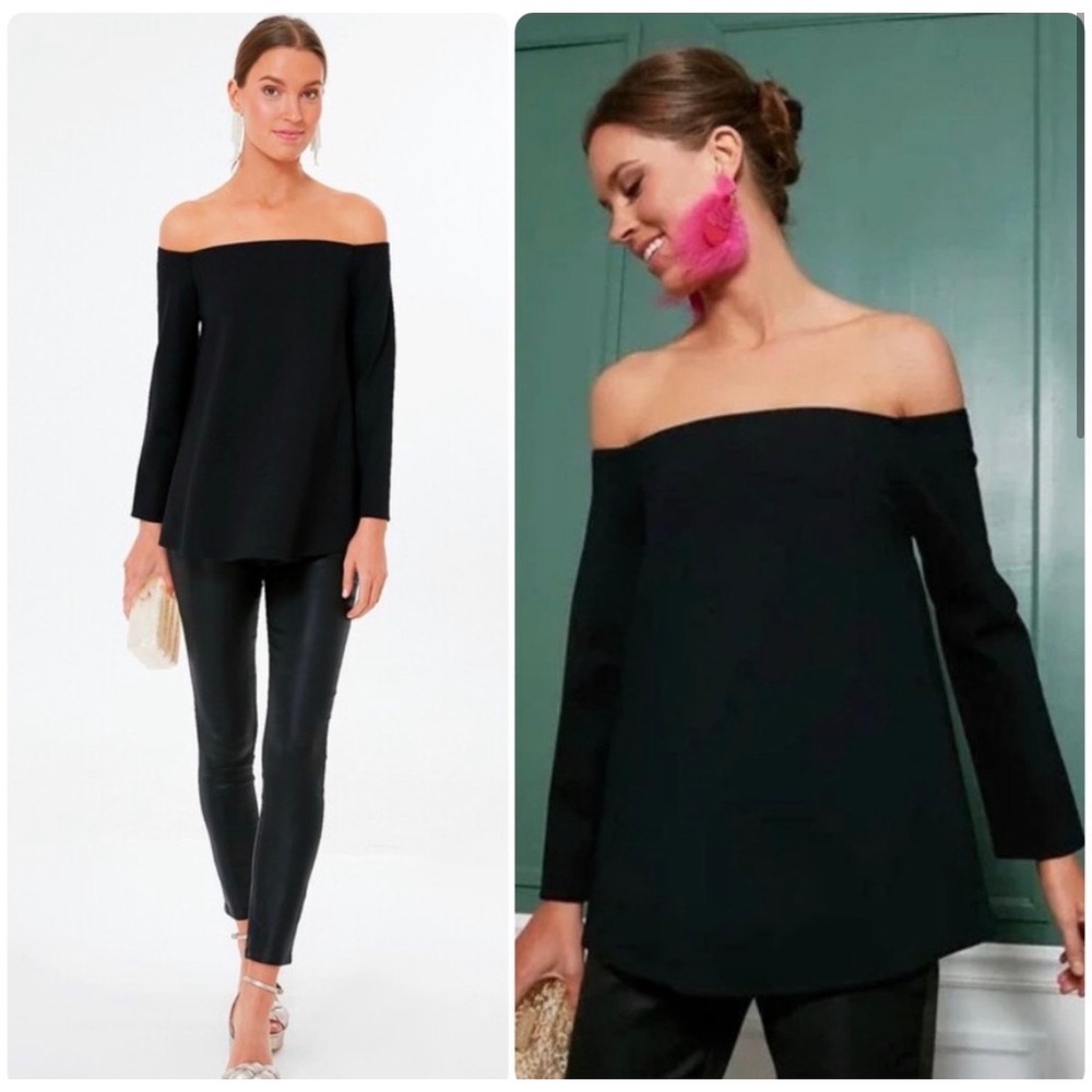 $128 TUCKERNUCK Miranda Off the Shoulder Knit Top Sz L Bell Sleeve Blouse Black
